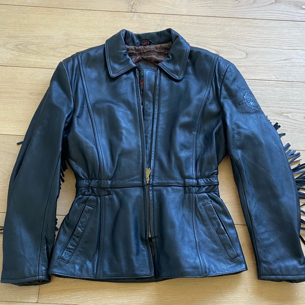 Black Leather Women's Jacket with fringe - Classic Zip Front
